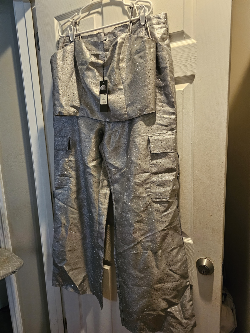 Silver Glitter Wide-Leg Cargo Pants